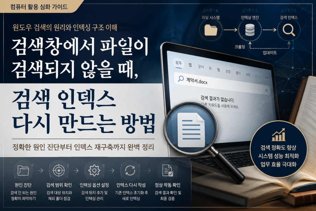 윈도우 검색창에서 파일이 검색되지 않을 때 검색 인덱스 다시 만드는 방법 1 윈도우 검색창에서 파일이 검색되지 않을 때 검색 인덱스 다시 만드는 방법