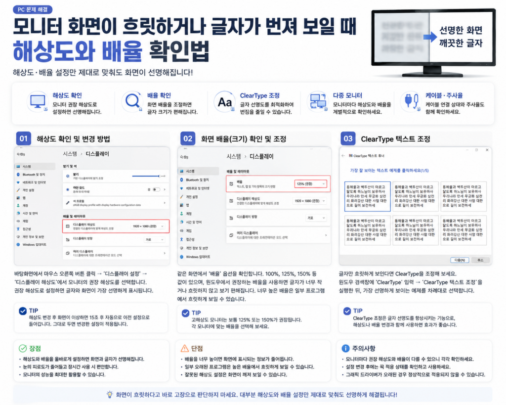 모니터 화면이 흐릿하거나 글자가 번져 보일 때 해상도와 배율 확인법