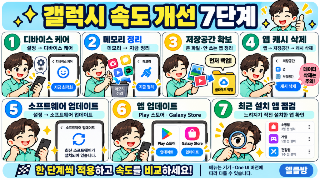 갤럭시가 갑자기 느려졌을 때 속도 빠르게 하는 방법|초기화 전 확인할 7가지 2 갤럭시 속도 개선 7단계 가이드