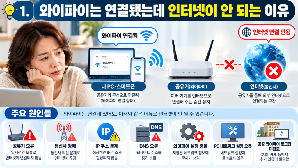 와이파이 연결됐는데 인터넷 안될 때? 가장 먼저 해볼 7가지 해결 방법 2 와이파이 연결과 인터넷 장애 원인 안내